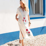 Women's White Red Embroidered Maxi Dress