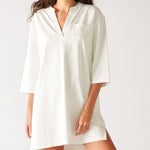 Women's White Midweight V-neck Drop Shoulders Amelia Tee Dress Front View