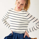 Women's White Navy Striped Fitted Cashmere Crewneck Rolled Hem Pullover Sweater Hands on Hips