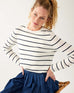 Women's White Navy Striped Fitted Cashmere Crewneck Rolled Hem Pullover Sweater Hands on Hips