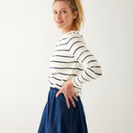 Women's White Navy Striped Fitted Cashmere Crewneck Rolled Hem Pullover Sweater Side View