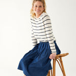 Women's White Navy Striped Fitted Cashmere Crewneck Rolled Hem Pullover Sweater Sitting