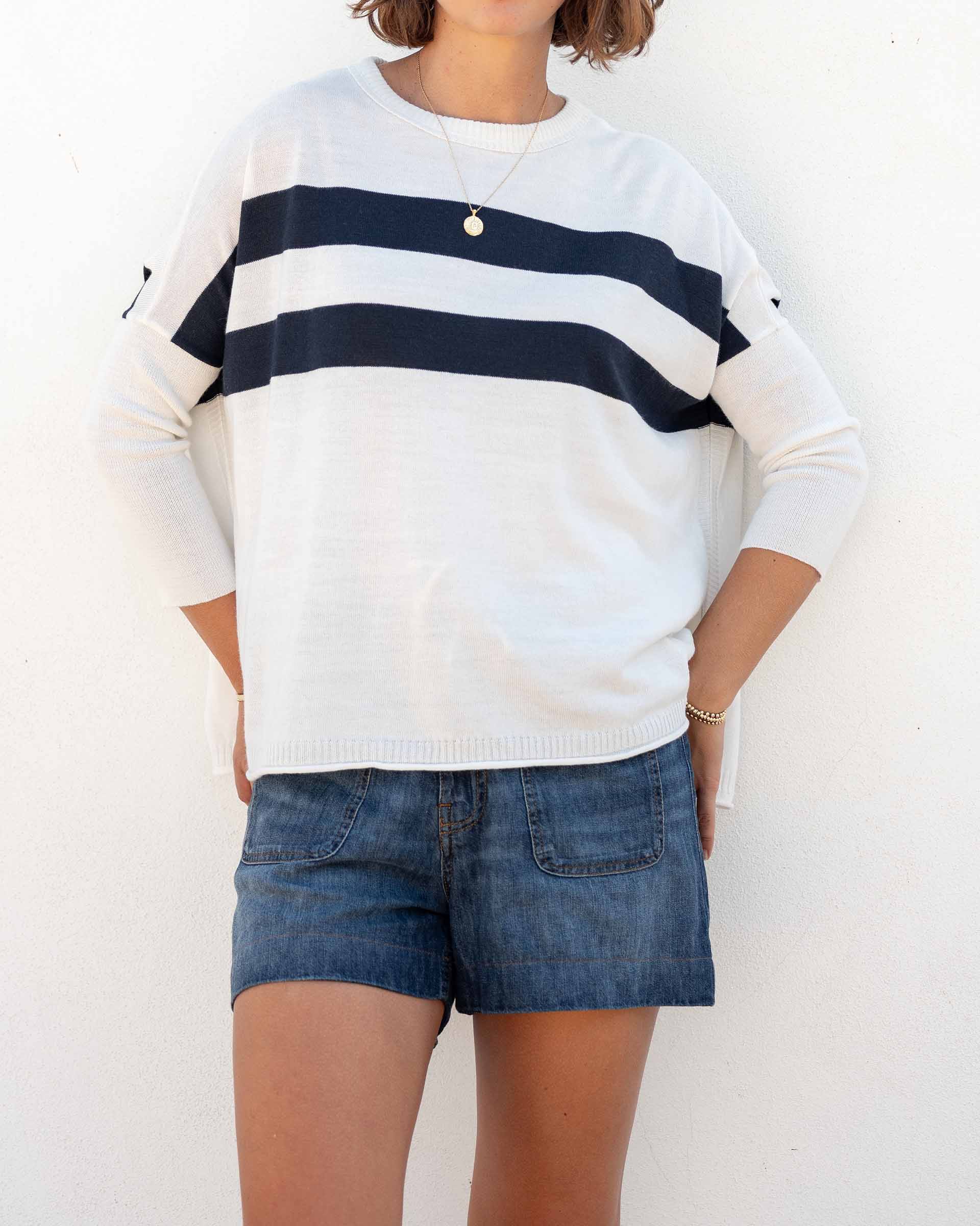 Women's White Navy Striped Oversized Sweater