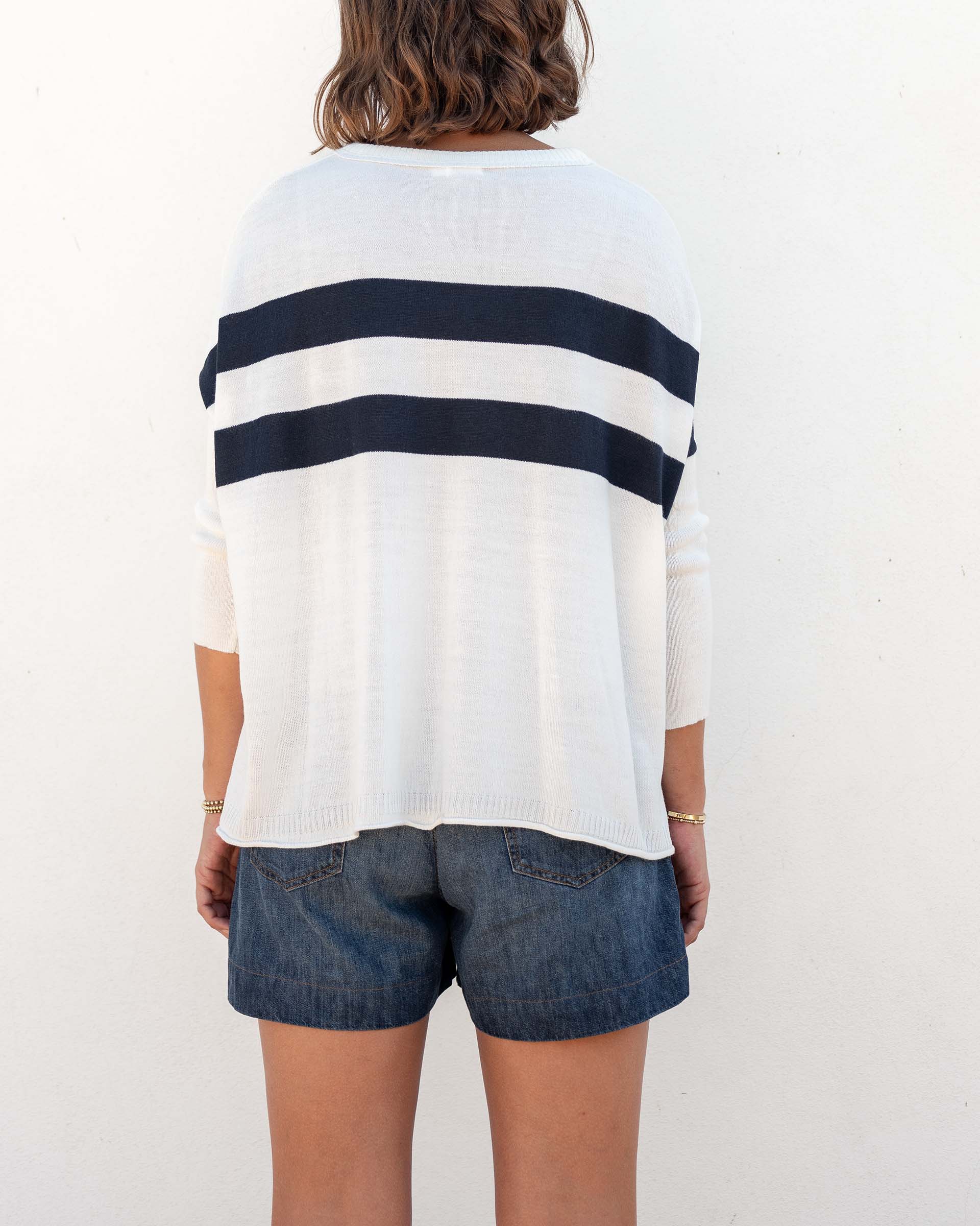 Women's White Navy Striped Oversized Sweater