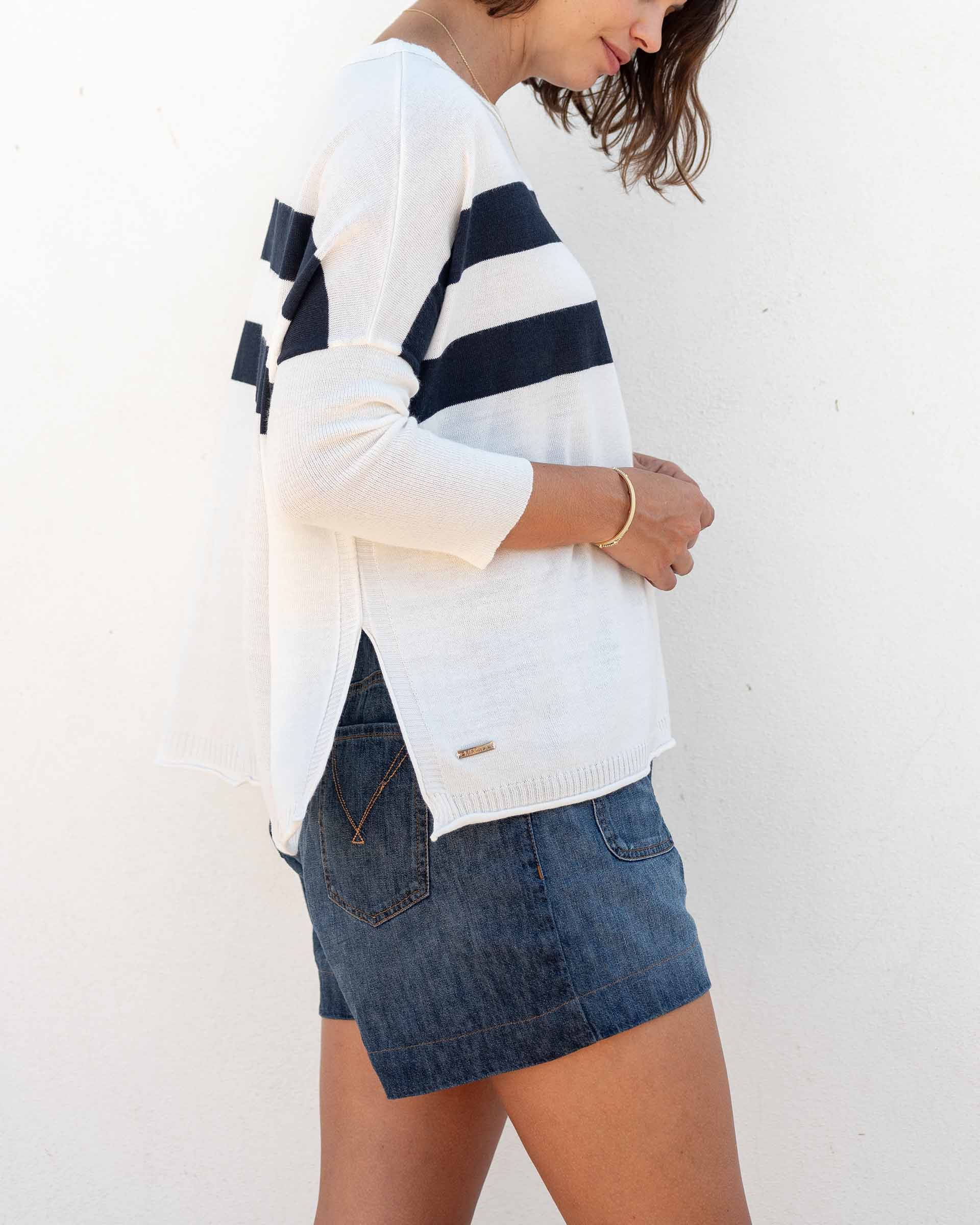 Women's White Navy Striped Oversized Sweater