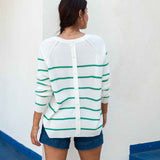 Women's Midweight Oversized White Green Striped Sweater with Button Details