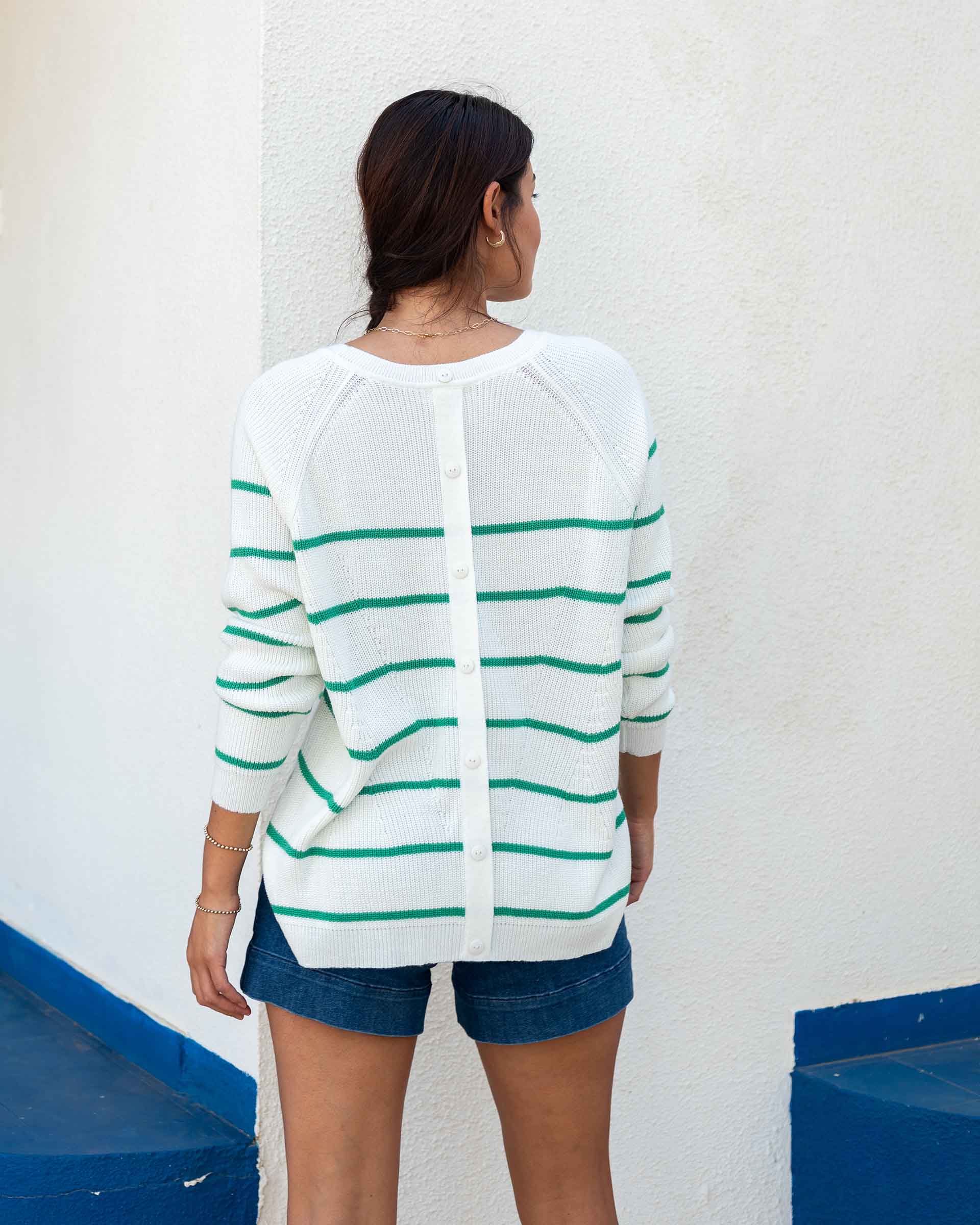 Women's Midweight Oversized White Green Striped Sweater with Button Details