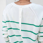 Women's Midweight Oversized White Green Striped Sweater with Button Details