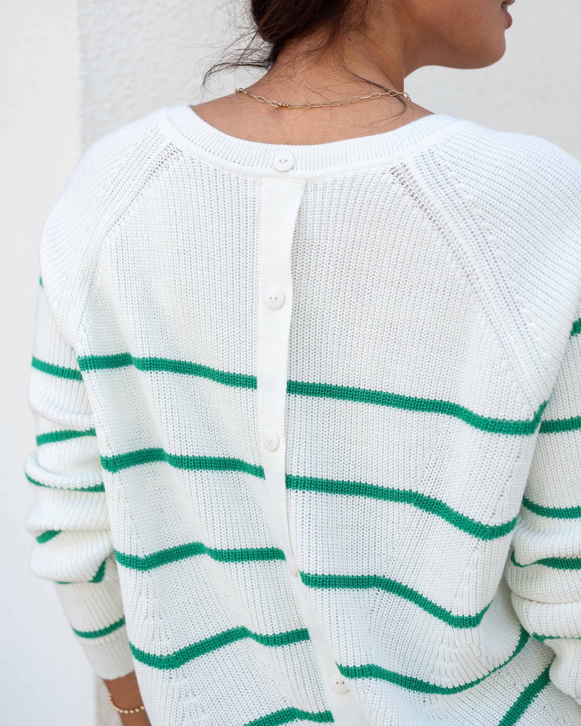 Women's Midweight Oversized White Green Striped Sweater with Button Details