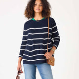 Women's Midweight Oversized White Navy Striped Sweater with Button Details