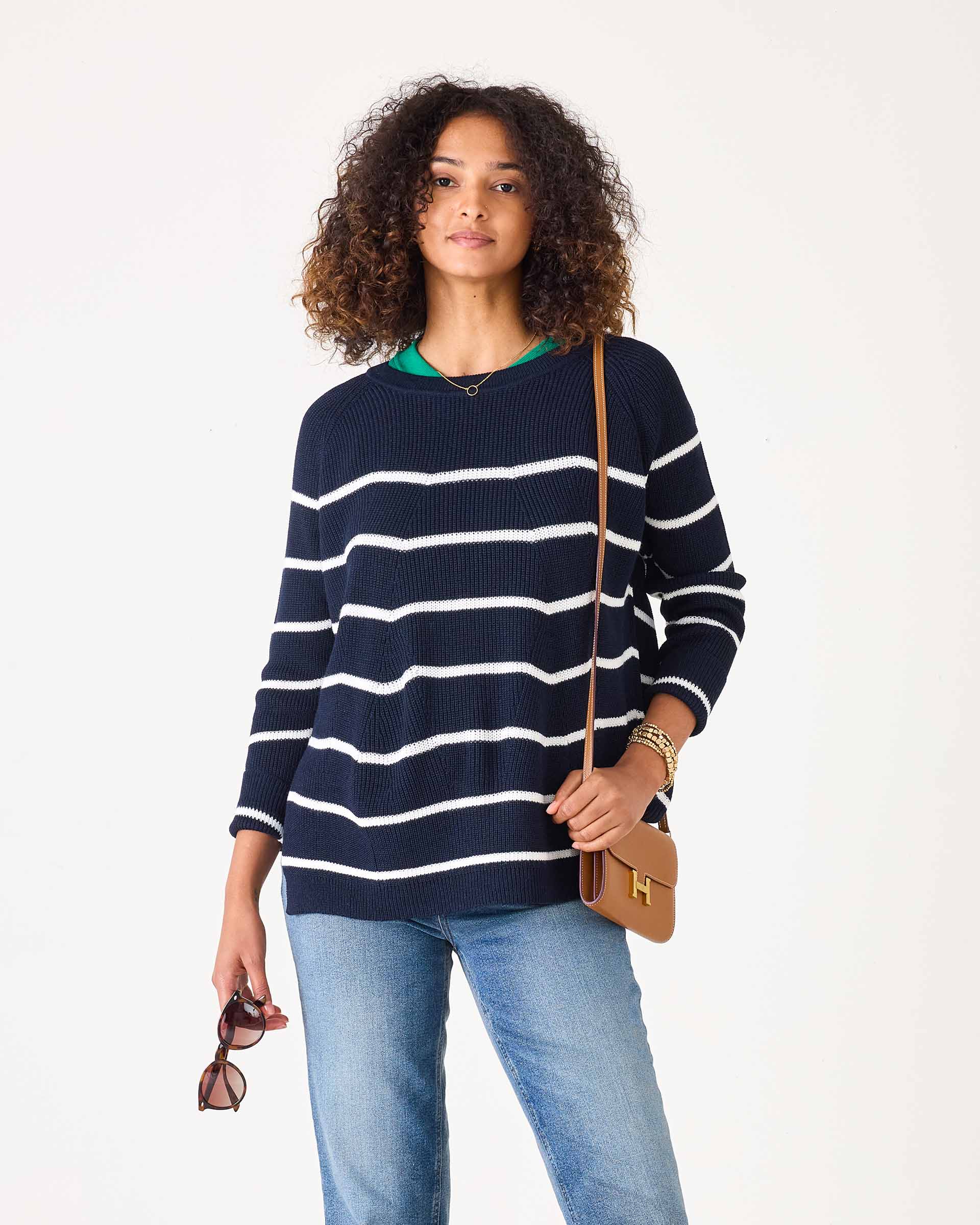 Women's Midweight Oversized White Navy Striped Sweater with Button Details