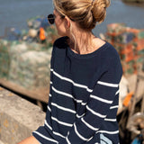 Women's Midweight Oversized White Navy Striped Sweater with Button Details