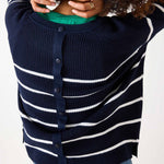 Women's Midweight Oversized White Navy Striped Sweater with Button Details