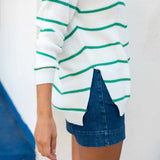 Women's Midweight Oversized White Green Striped Sweater with Button Details