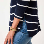 Women's Midweight Oversized White Navy Striped Sweater with Button Details