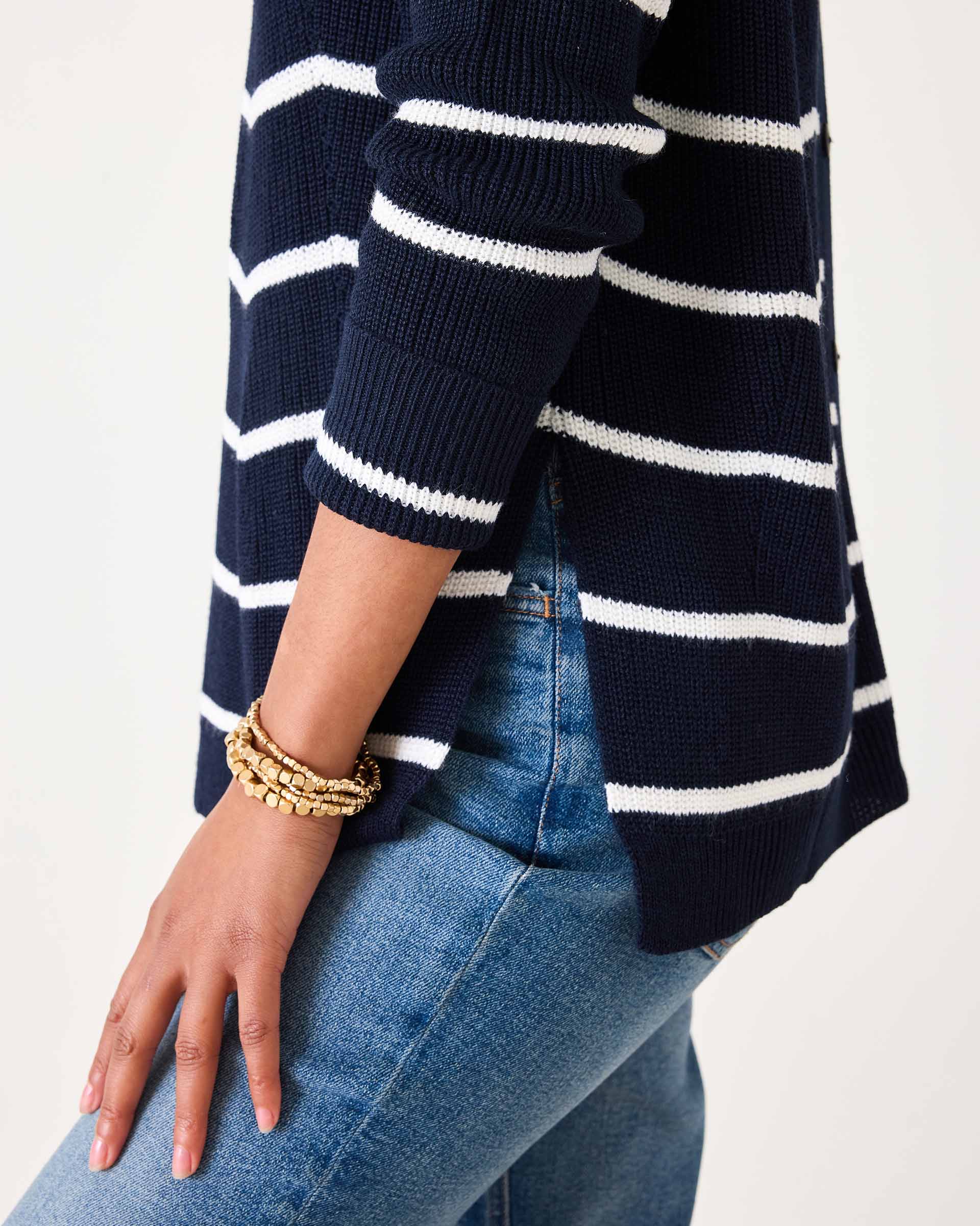 Women's Midweight Oversized White Navy Striped Sweater with Button Details