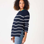 Women's Midweight Oversized White Navy Striped Sweater with Button Details