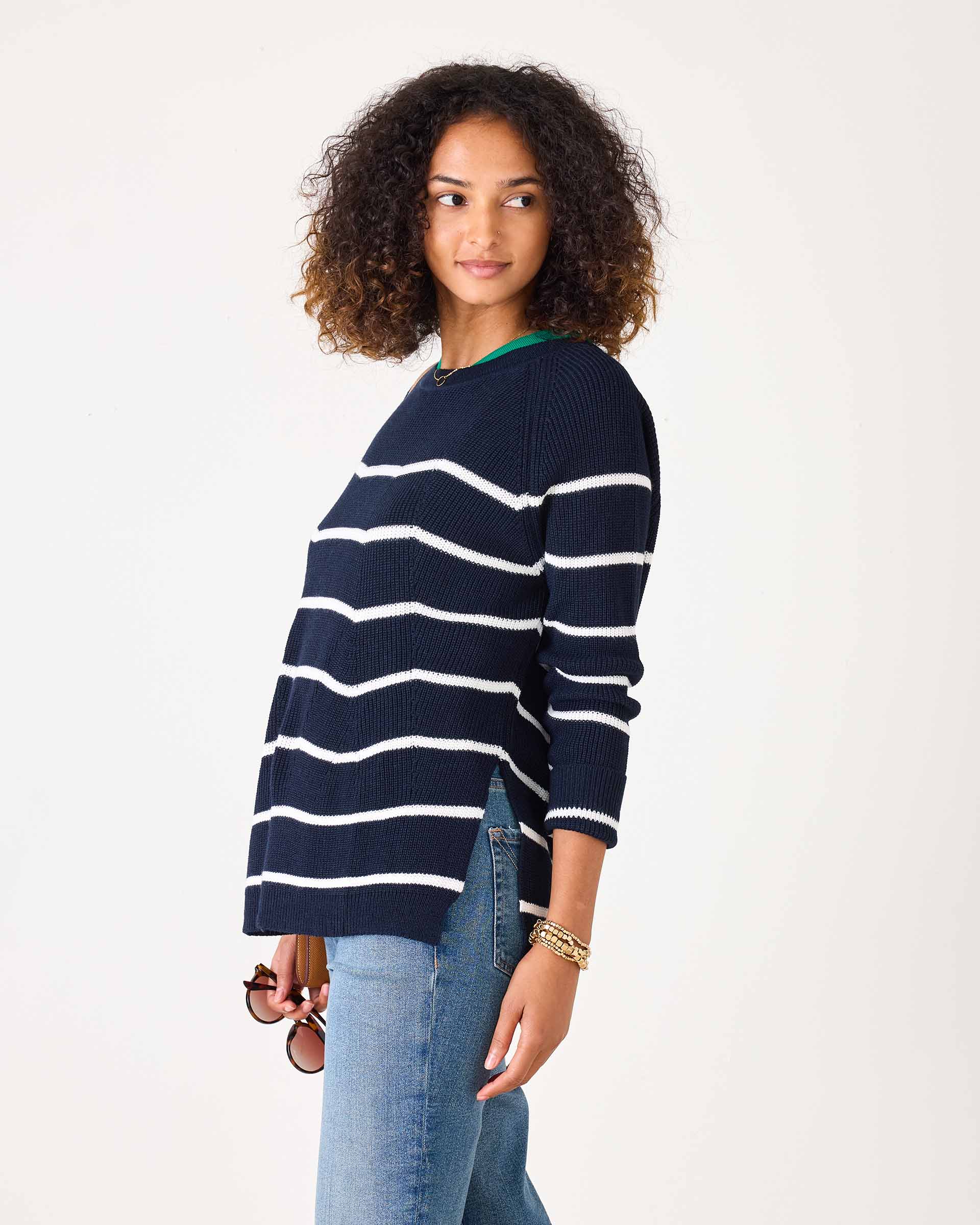 Women's Midweight Oversized White Navy Striped Sweater with Button Details