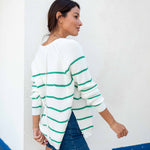 Women's Midweight Oversized White Green Striped Sweater with Button Details