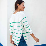 Women's Midweight Oversized White Green Striped Sweater with Button Details