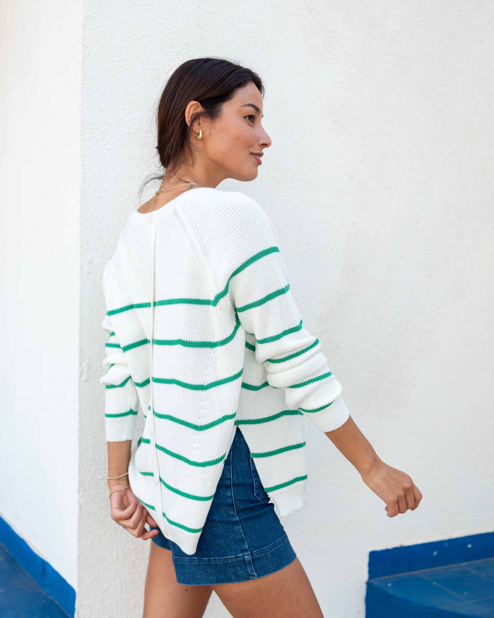 Women's Midweight Oversized White Green Striped Sweater with Button Details