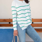 Women's Midweight Oversized White Green Striped Sweater with Button Details