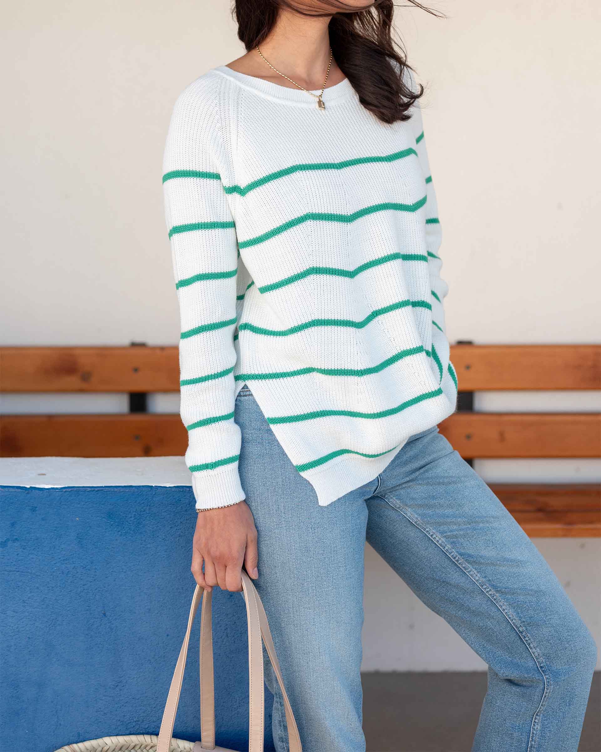 Women's Midweight Oversized White Green Striped Sweater with Button Details