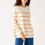 Womens White and Orange Striped Midweight Sweater Front View