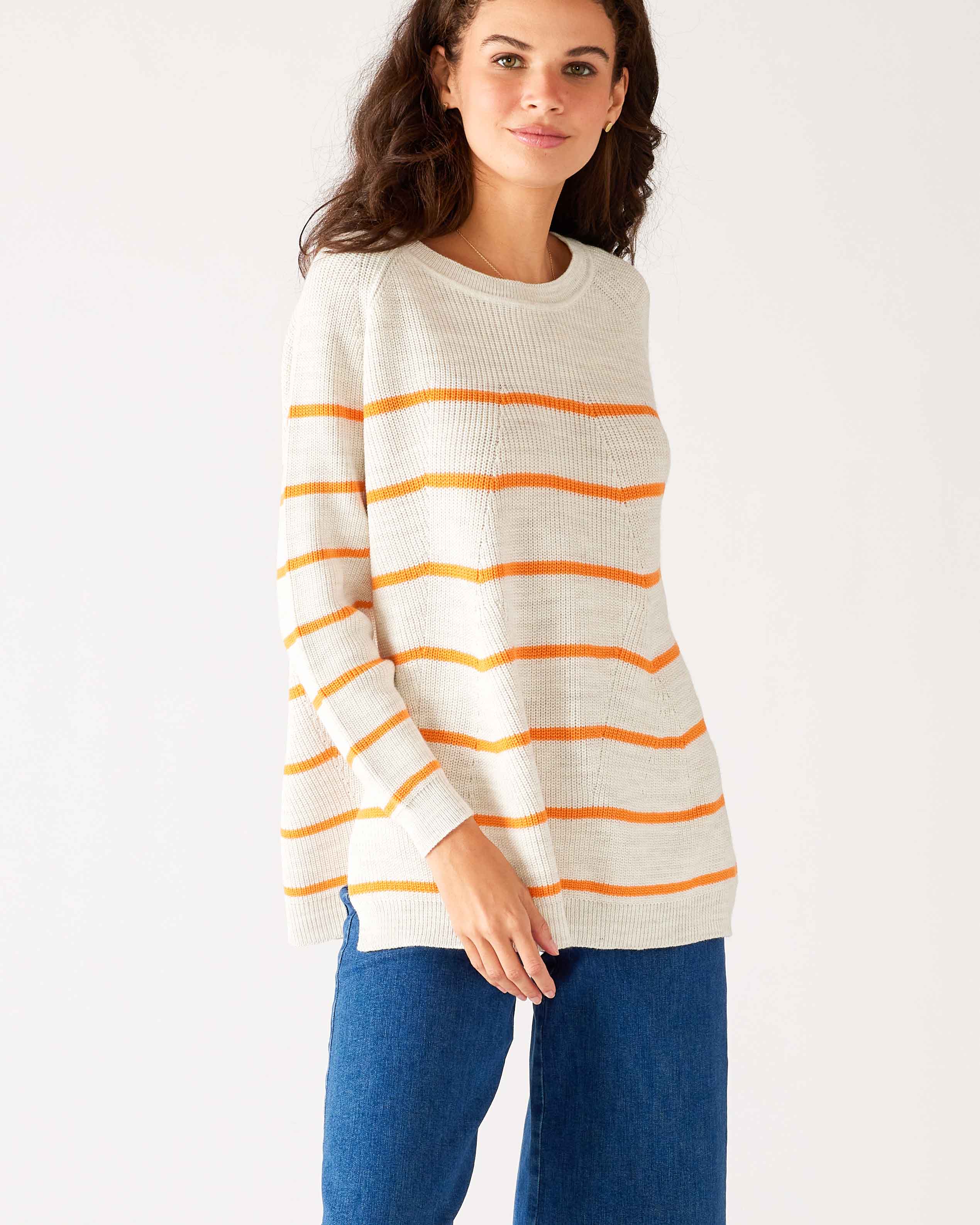 Womens White and Orange Striped Midweight Sweater Front View