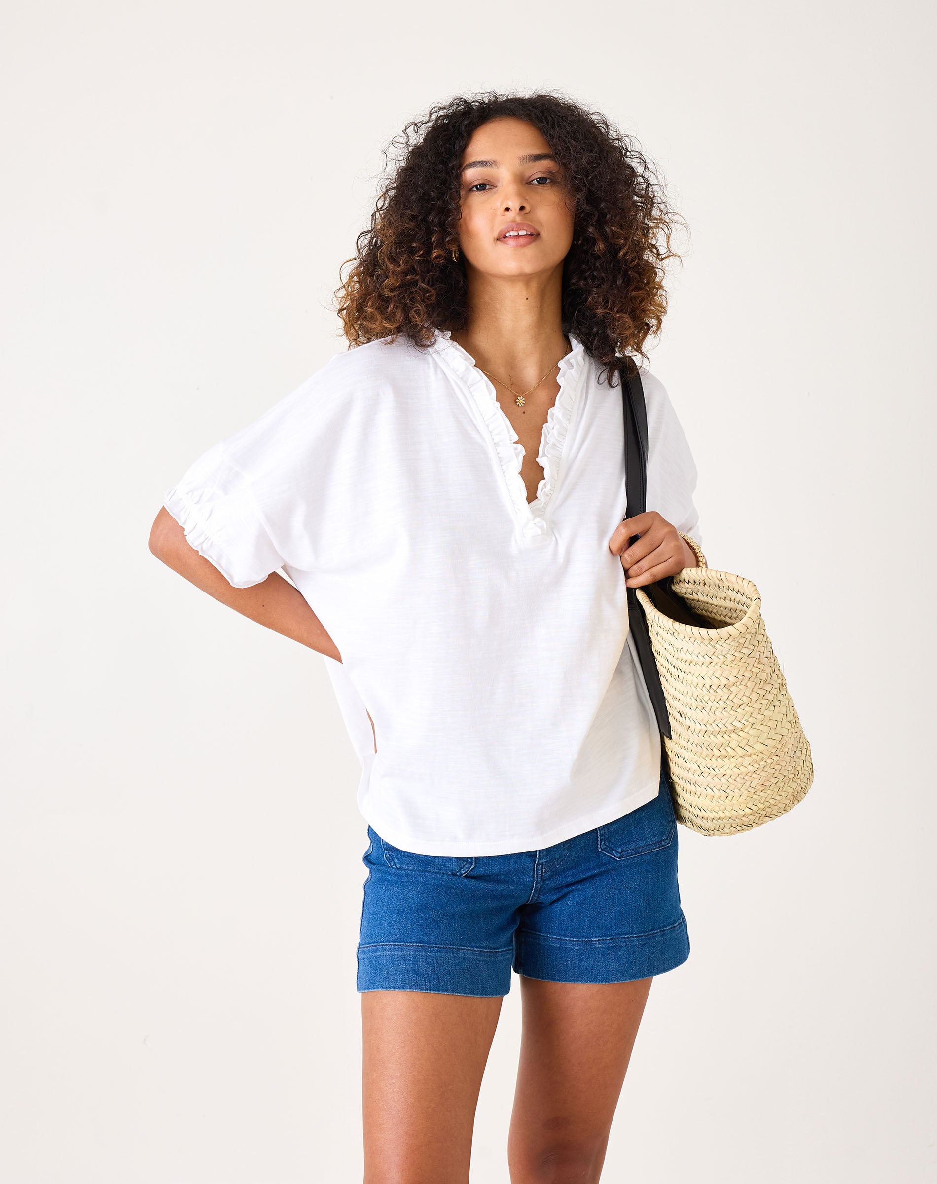 Women's White Oversized Ruffle Tee