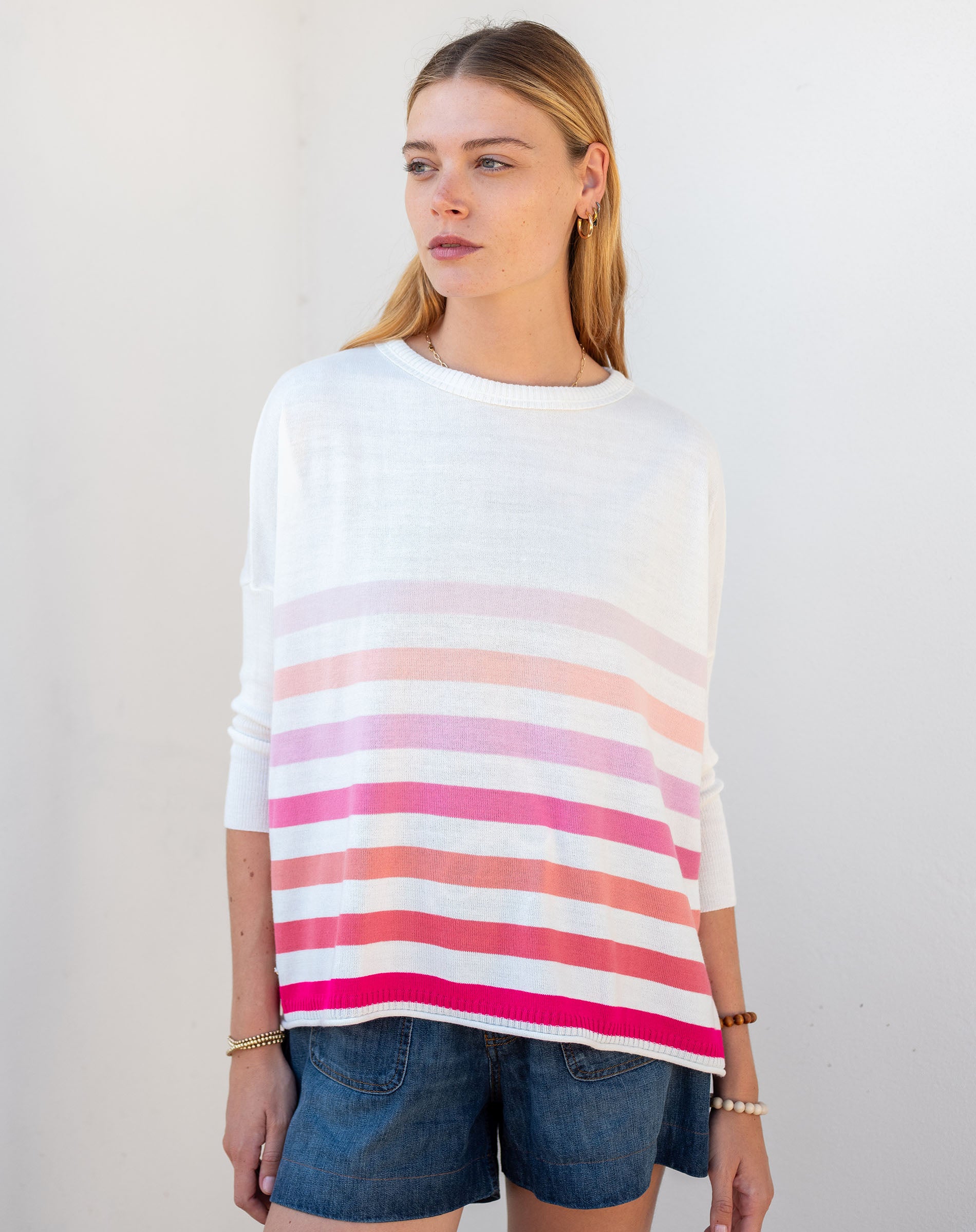 Women's White And Pink Striped Oversized Sweater