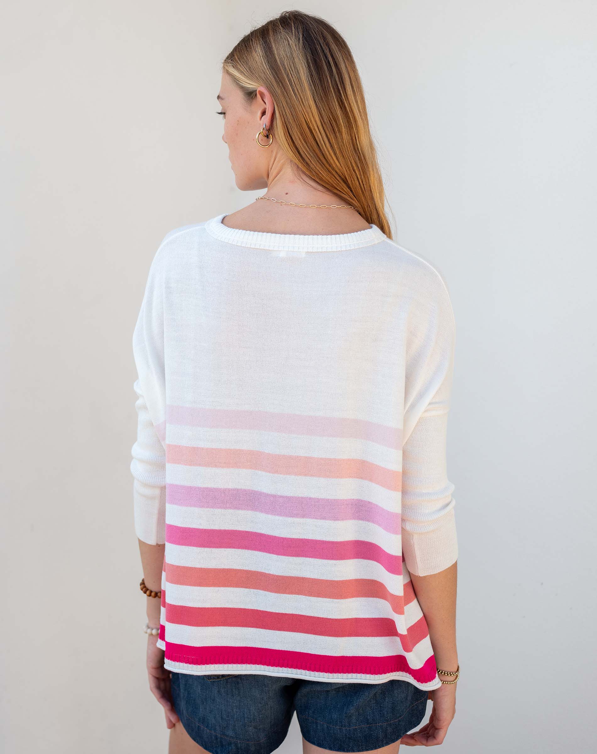 Women's White And Pink Striped Oversized Sweater
