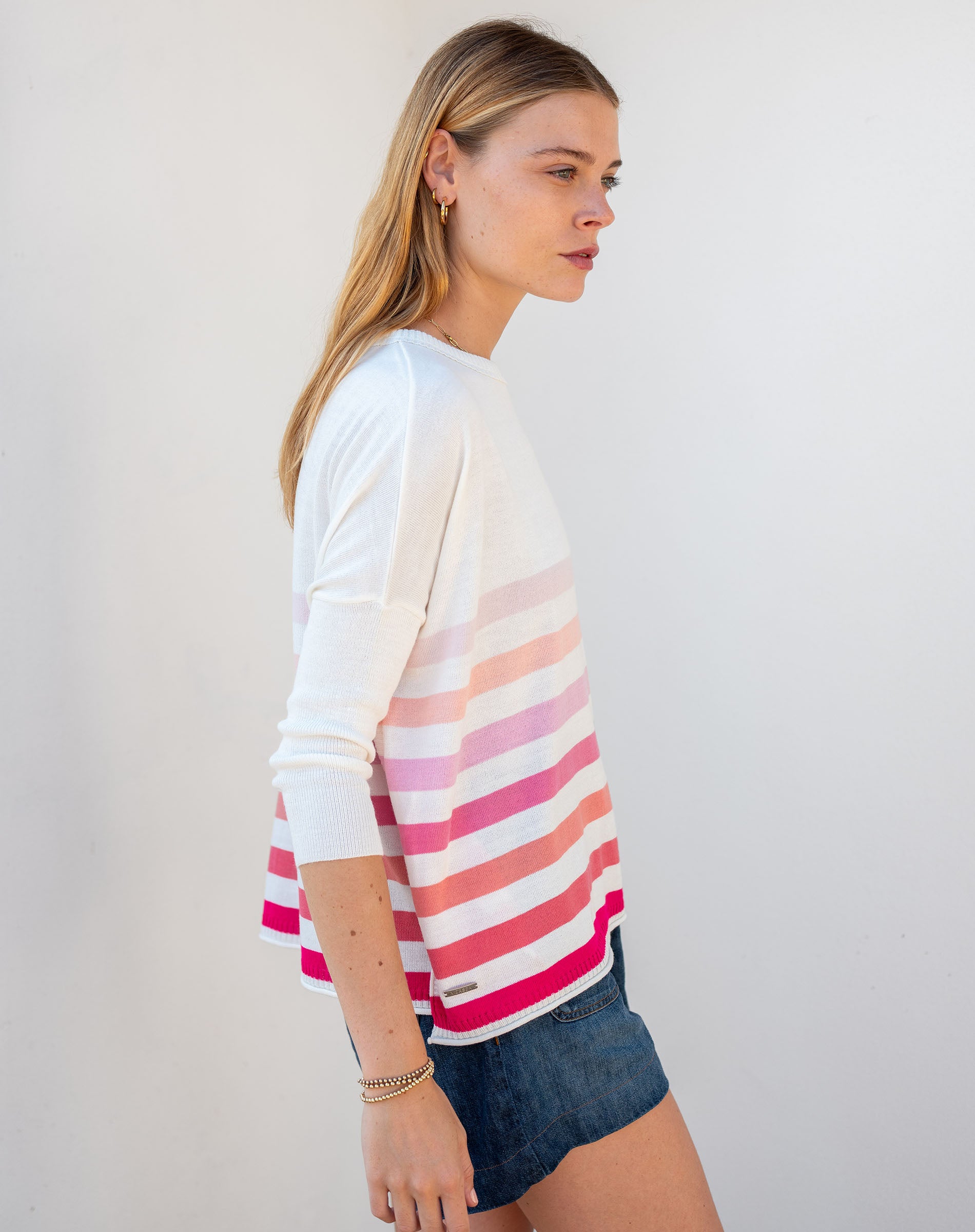 Women's White And Pink Striped Oversized Sweater