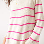 Womens White and Pink Striped Midweight Sweater Front View Close Up Detail Knit Pattern