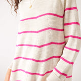 Womens White and Pink Striped Midweight Sweater Front View Close Up Detail Knit Pattern