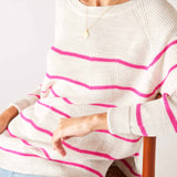 Womens White and Pink Striped Midweight Sweater Front View Sitting