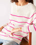 Womens White and Pink Striped Midweight Sweater Front View Sitting