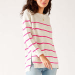 Womens White and Pink Striped Midweight Sweater Front View