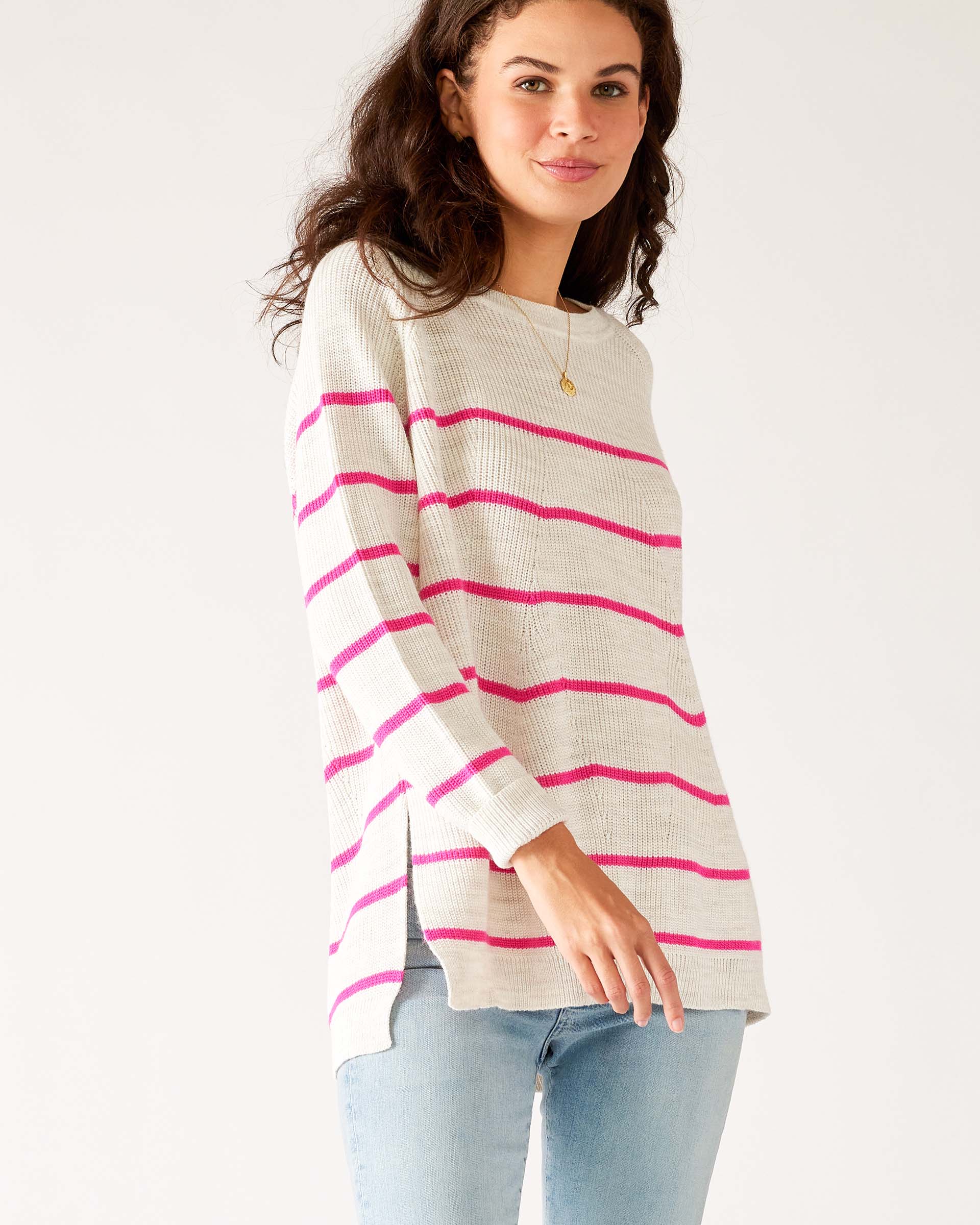 Womens White and Pink Striped Midweight Sweater Front View