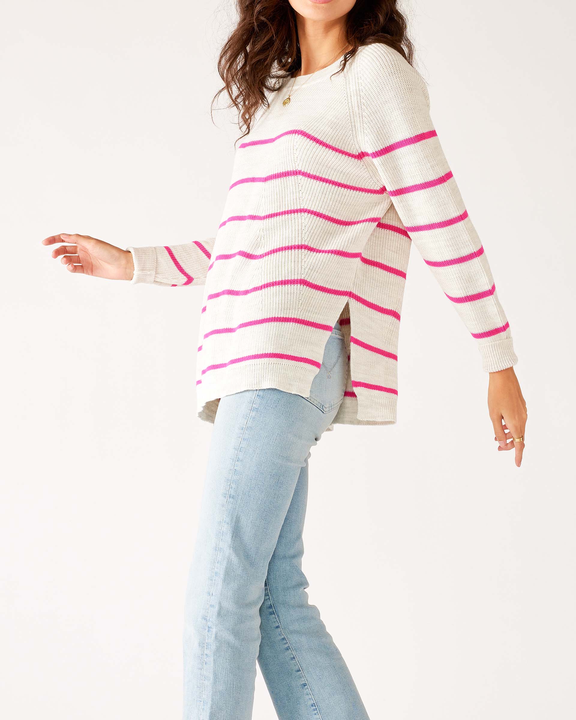 Womens White and Pink Striped Midweight Sweater Side View Walking
