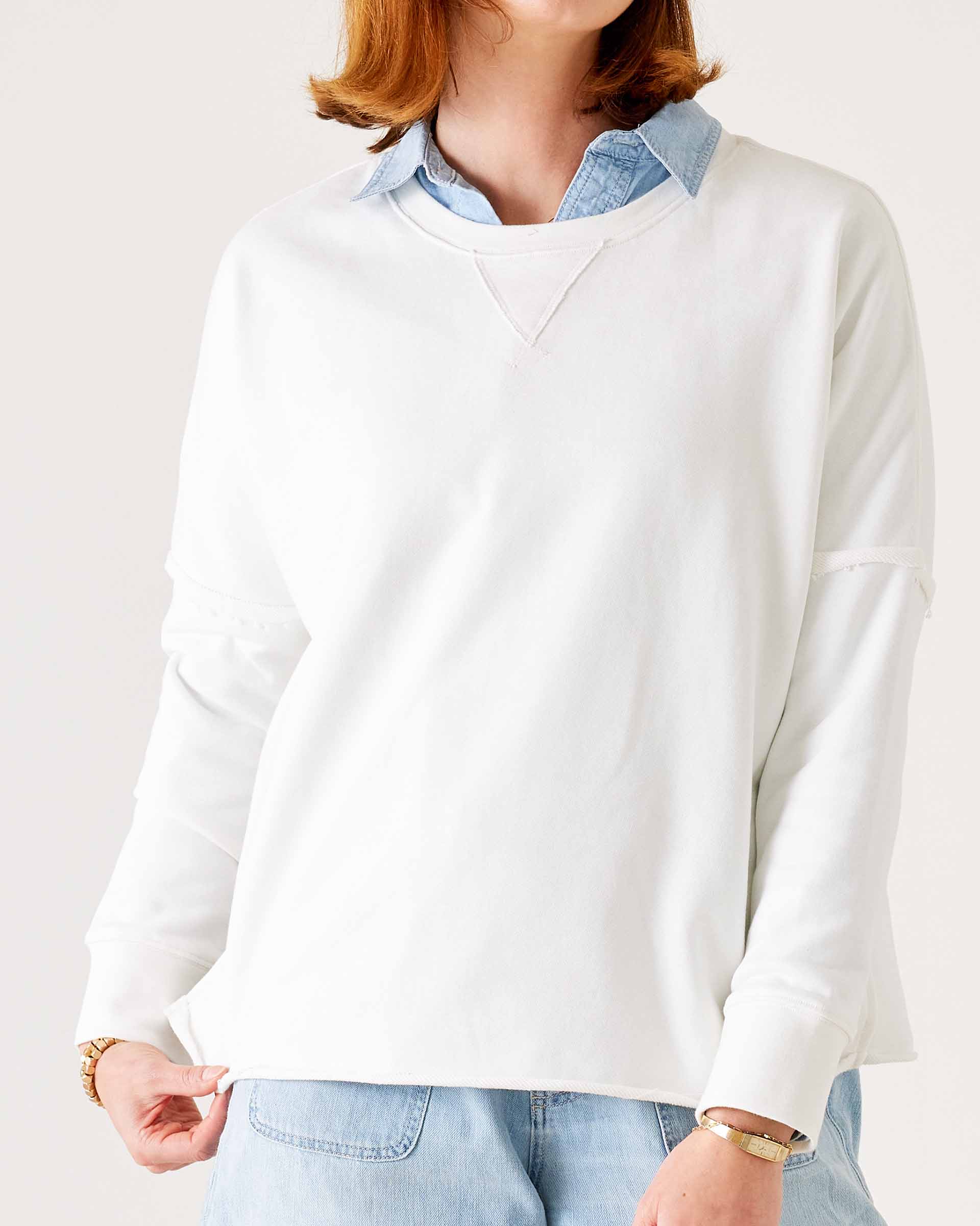 Women's White Raw Edge Crewneck Sweatshirt with Split Sides