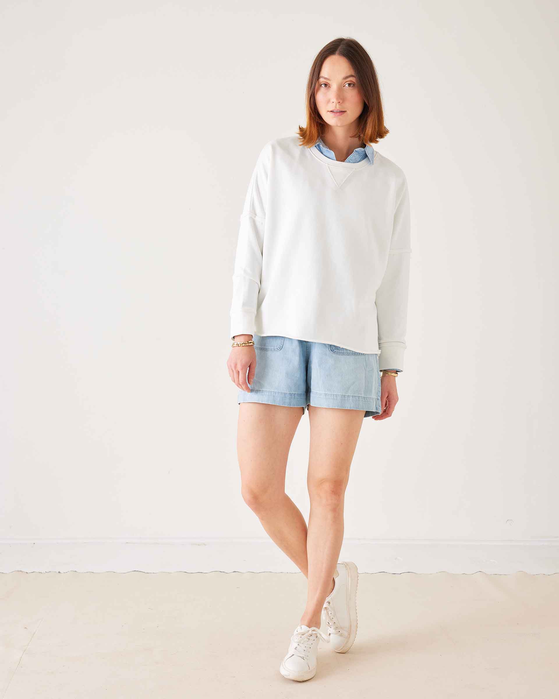 Women's White Raw Edge Crewneck Sweatshirt with Split Sides