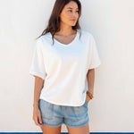 Women's White Raw Edge French Terry Vneck Top