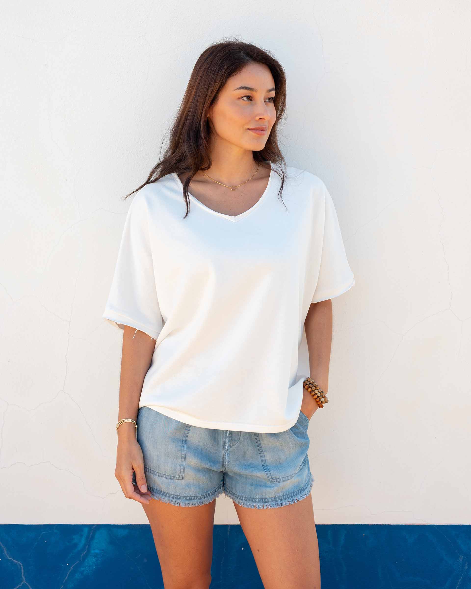 Women's White Raw Edge French Terry Vneck Top