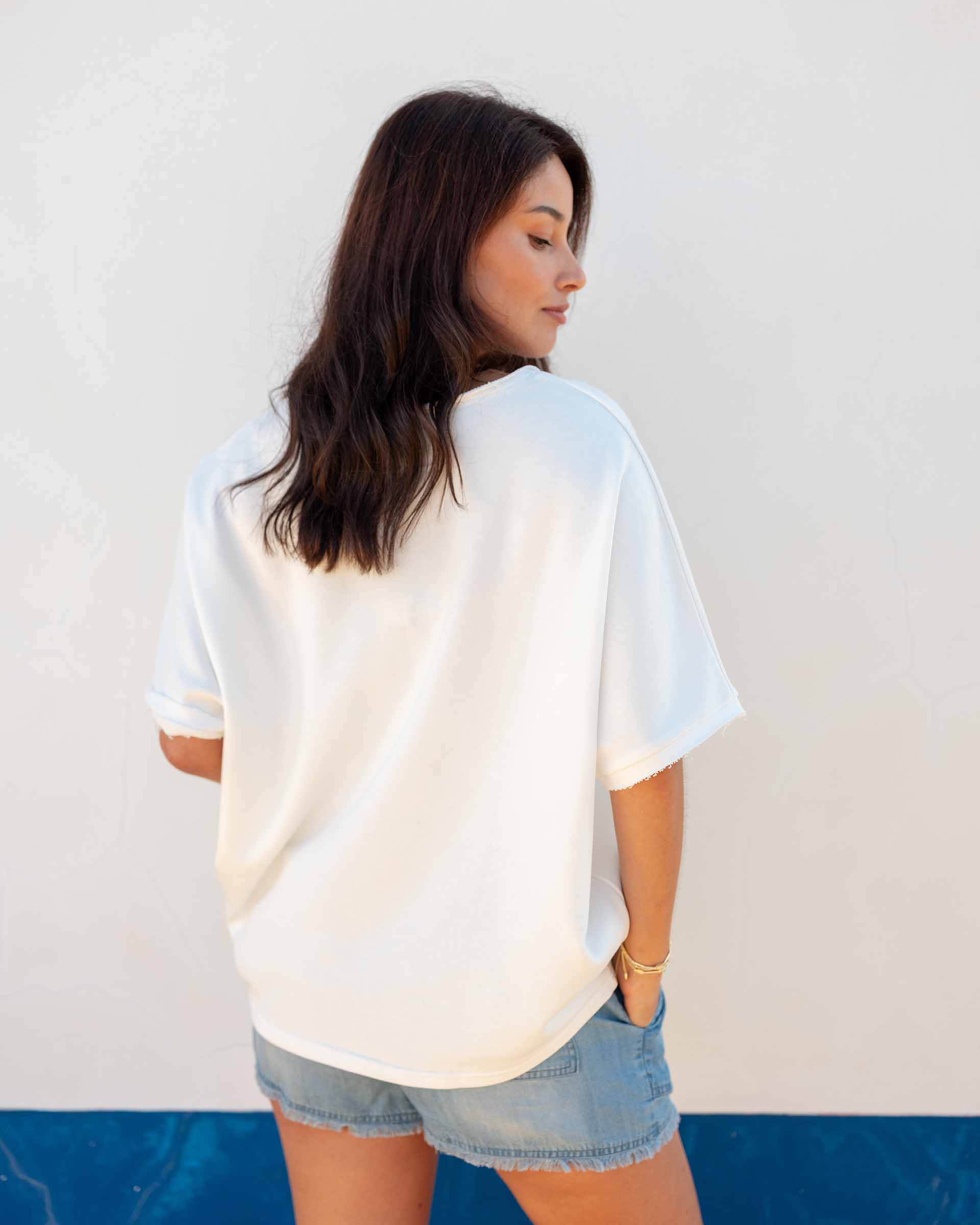 Women's White Raw Edge French Terry Vneck Top