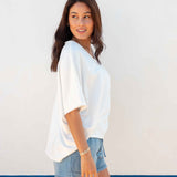 Women's White Raw Edge French Terry Vneck Top