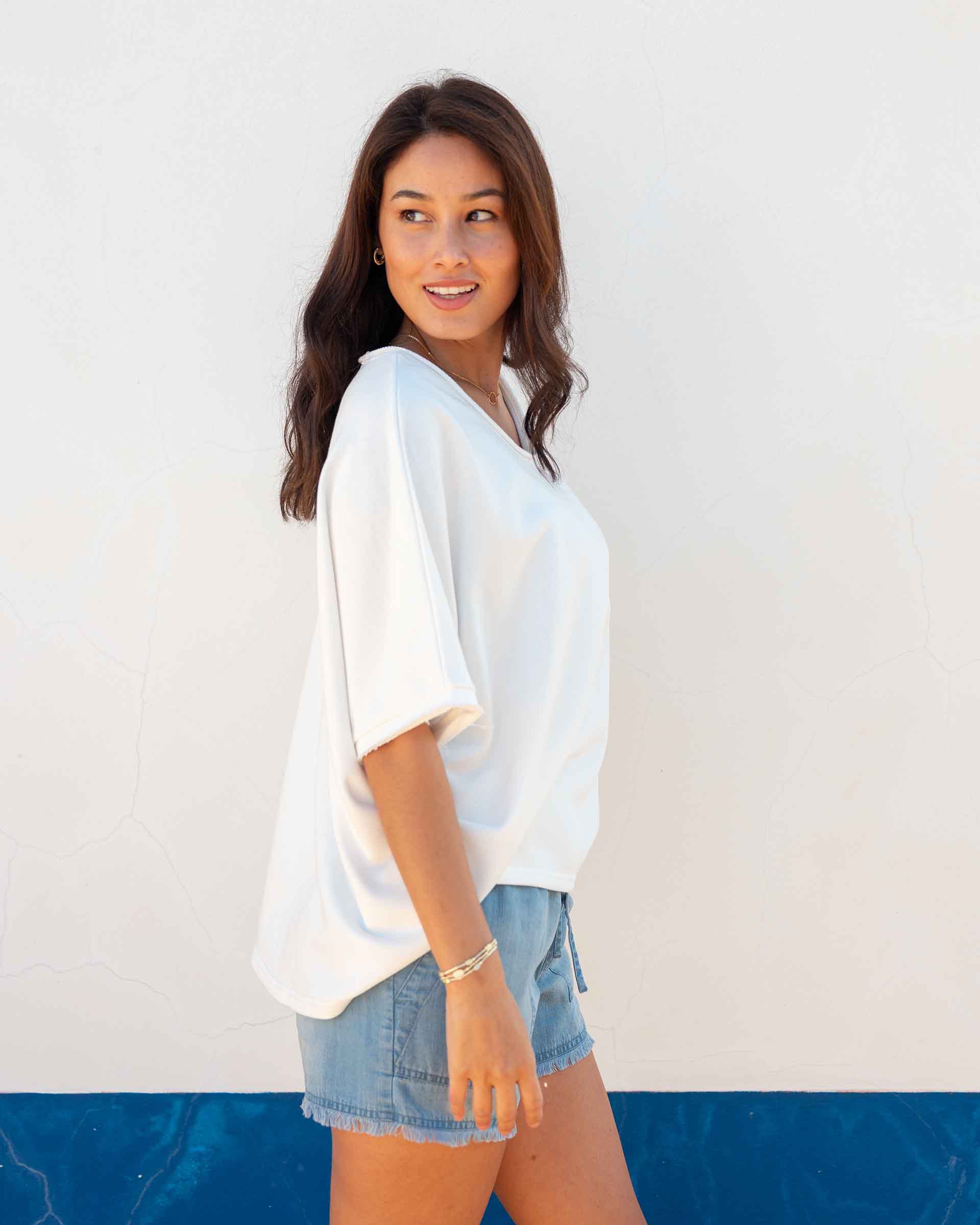 Women's White Raw Edge French Terry Vneck Top