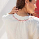 Women's White Red Embroidered Long Sleeve Blouse