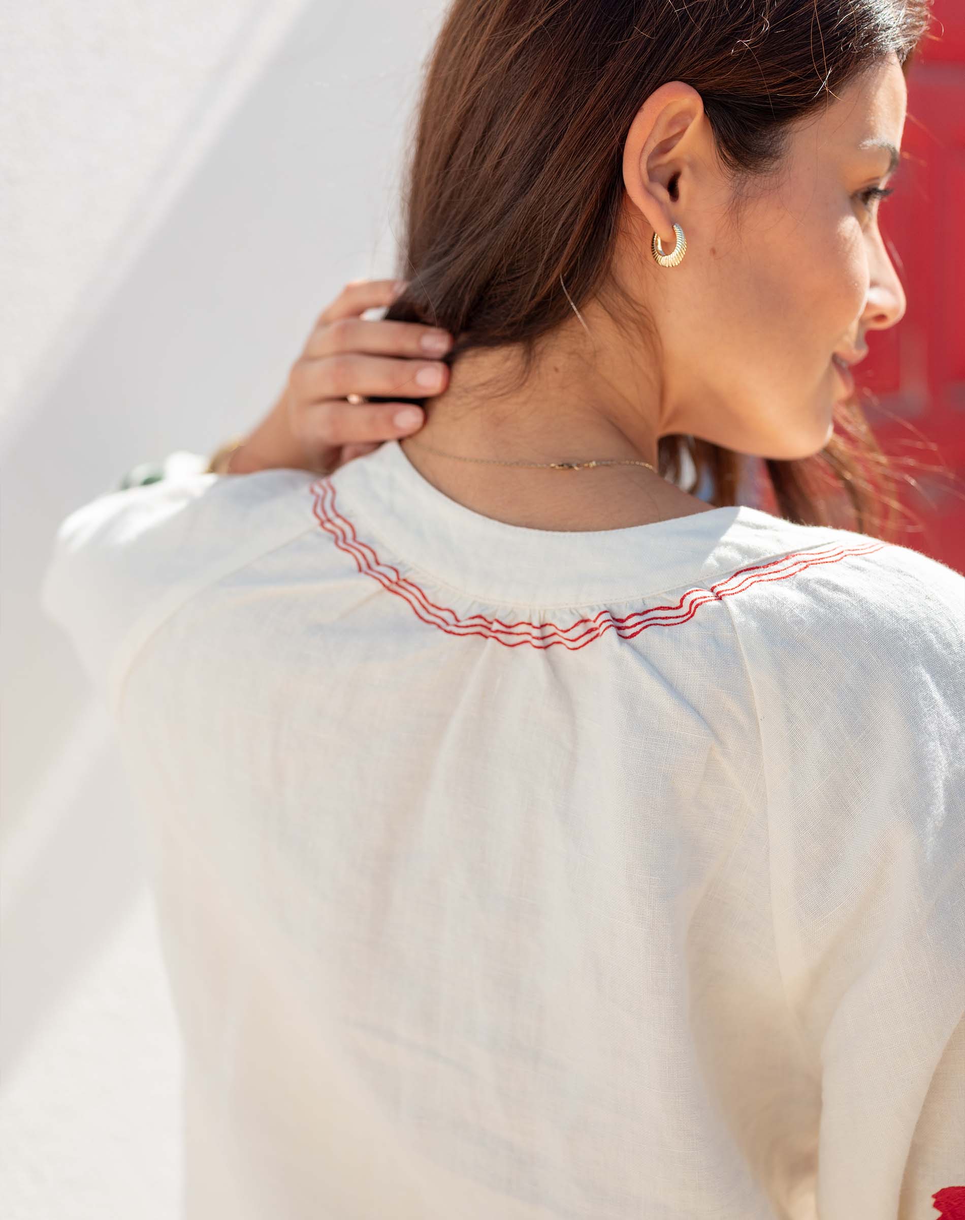 Women's White Red Embroidered Long Sleeve Blouse