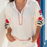 Women's White Red Embroidered Long Sleeve Blouse